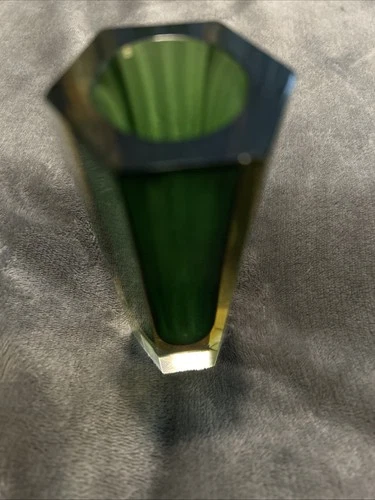 Murano Glass Italian Vase 6” Green & Yellow - Hand Blown Sommerso Art Glass