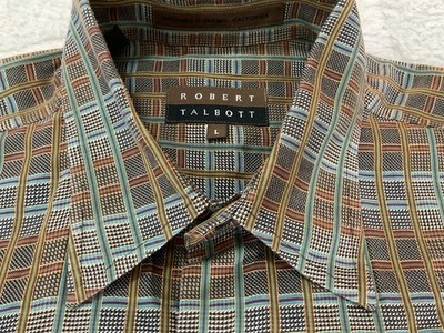 Robert Talbott Shirt Button Up  Mens L Brown Multicolored Textured Squares