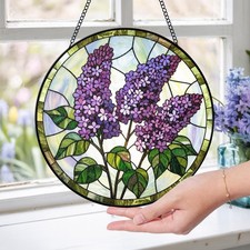 Purple Lilac Stained Glass Suncatcher: Floral Window Hanging Decor