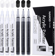 NAWOD Paint Pens White Black Acrylic Marker 6 Pack, Acrylic Permanent Marker, Wh