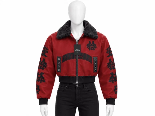 Red Cropped Bomber Jacket Graphic Sleeve Punk Rock Zip Front Eyelet Detail - product listing photo