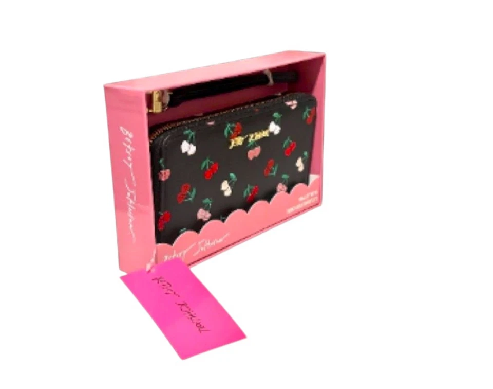 Cartera Betsey Johnson Bordada Cereza, Cuero Sintético Negro, NUEVA CON ETIQUETAS Foto 4 de 4