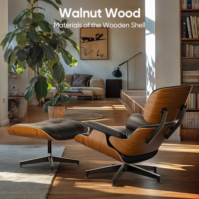 Mid Century Eams Lounge Chair And Ottoman Set Black White Leather Armchair