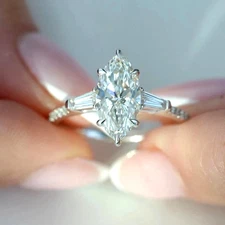 Marquise Cut Diamond Lab Created Three Stone Engagement Ring 14K White Gold Over