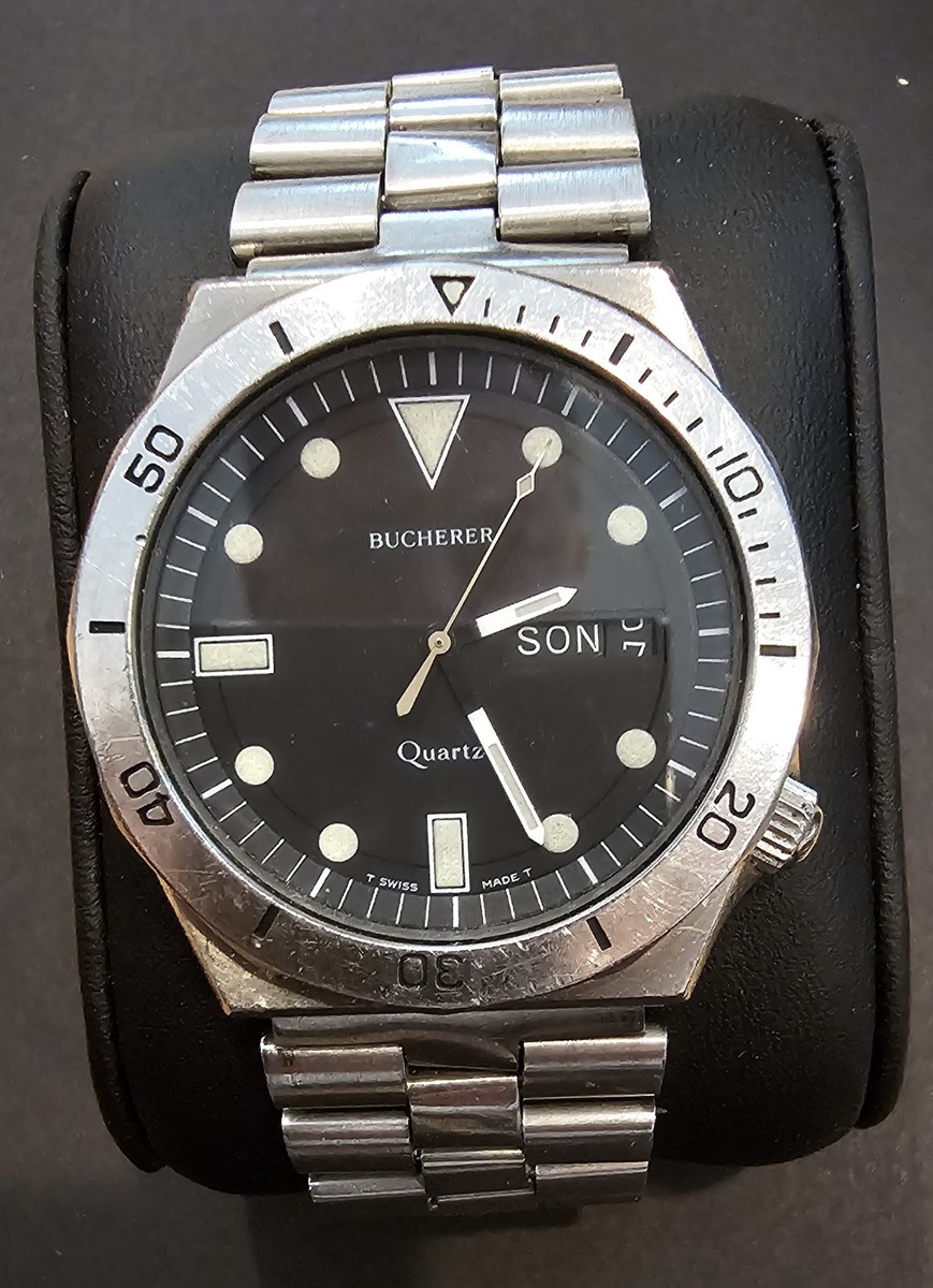 BUCHERER 200M SS DIVER WATCH BLACK DAY DATE DIAL + DEPLOYANT