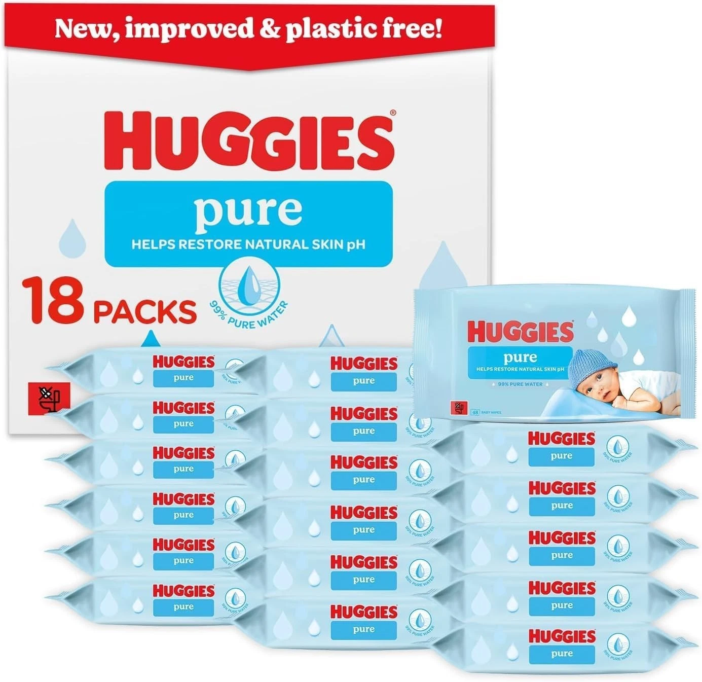 Huggies Pure Plastic Free Baby Wipes - Pack of 18 864 Wipes 99% Water Wet Wipes