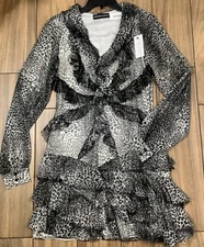 Cristiano Burani Silk Ruffle Tier Dress Animal Print Long Sleeves Sheer Elegance