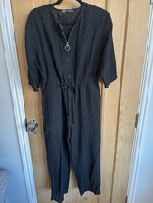 Zara  Black Jumpsuit Size M Zip Front Embroidered ,Tie Waist All in One