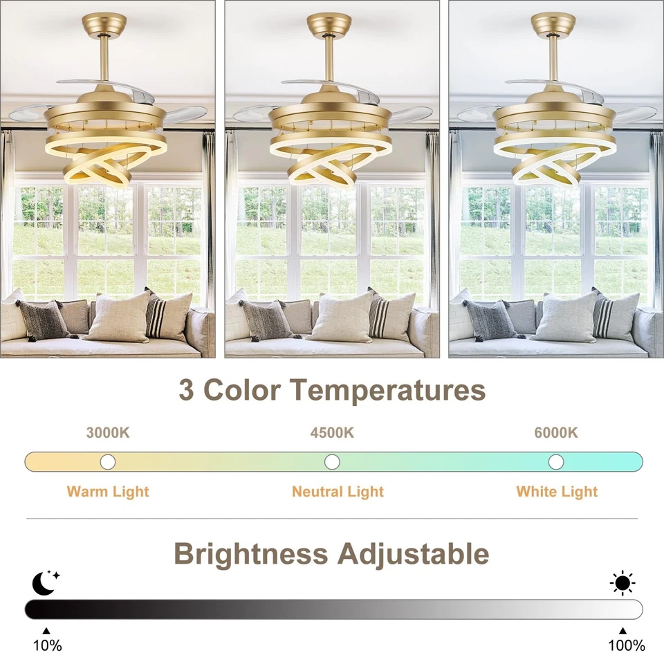 42 Inch Retractable Ceiling Fans with Lights Remote/APP Control Ceiling Fan M... - Image 2 of 4