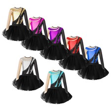 Kids Girls Bodysuit Dance Jumpsuit Skating Leotards Figure Costume Mesh Skirt