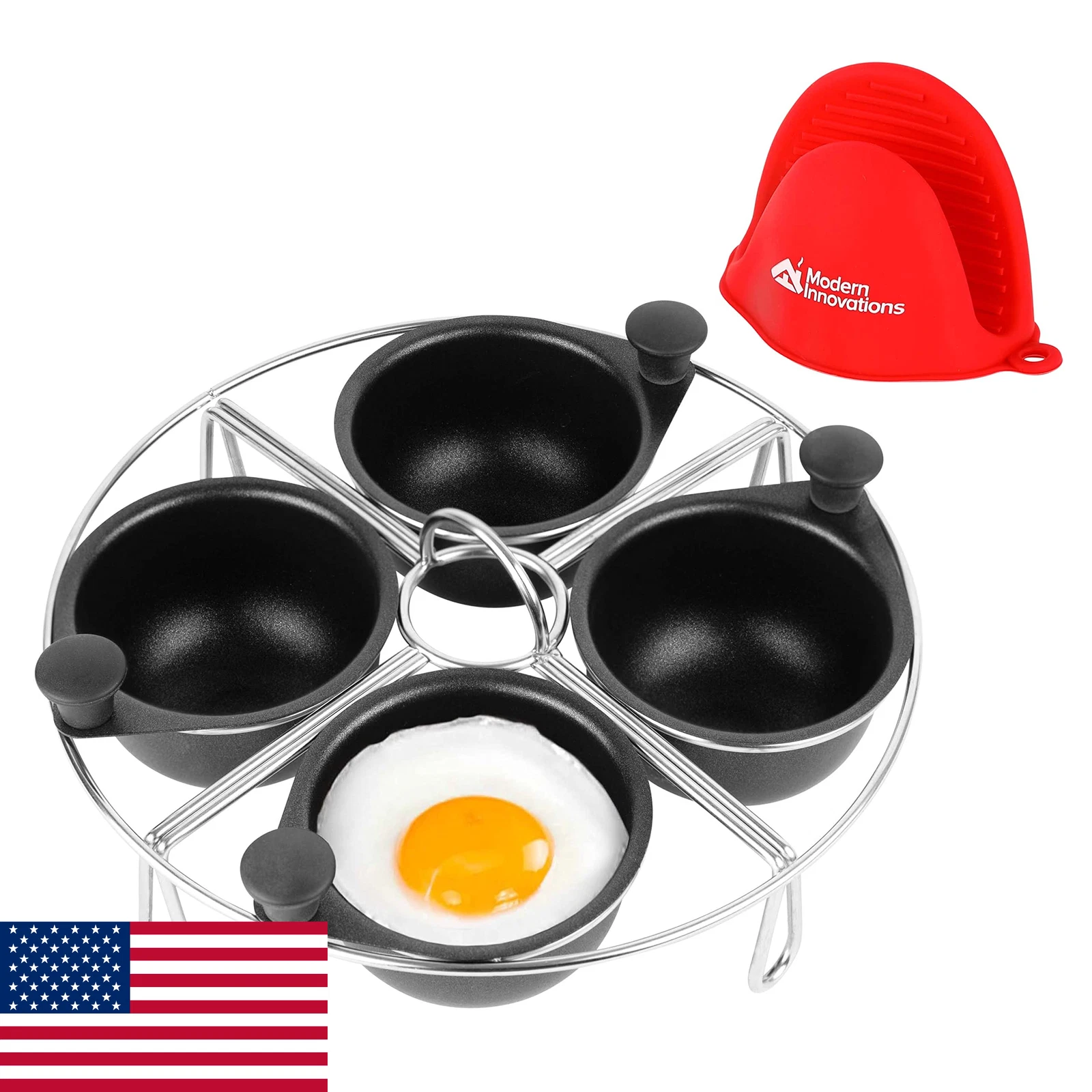 Modern Innovations Stainless Steel 4-Cup Egg Poacher Tray + Silicone Mitt