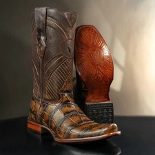 Genuine Leather Exotic Alligator Print Square Toe Cowboy Western Boots - Tan