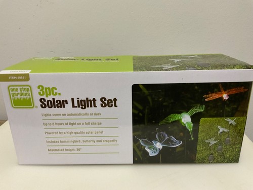 NIB One Stop Gardens 3 pc Solar Light Set Hummingbird, Butterfly ,& Dragonfly