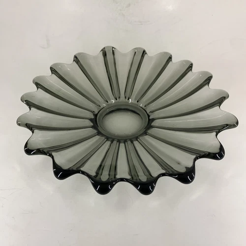 Vtg Low Console Bowl 1960s Smoke Gray Glass 9” Wide Celestial by Federal Glass