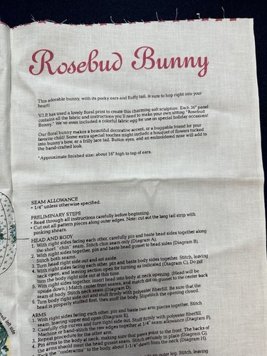 Vintage Cranston Fabric Panel Rosebud Bunny YELLOW Cut & Sew Makes 16" Rabbit - Picture 5 of 7
