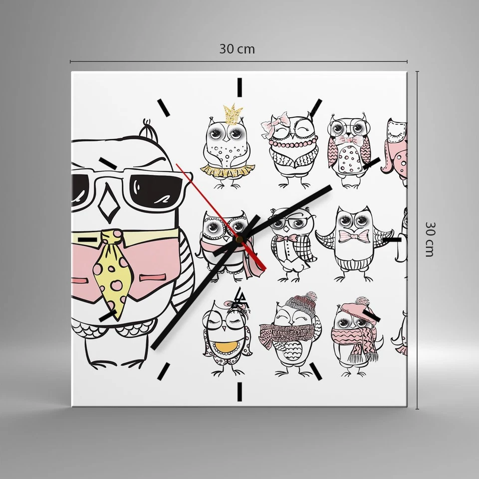 Horloge murale en verre 30x30cm Chouette amusement garçon joyeux Wall Clock - Photo 3/4