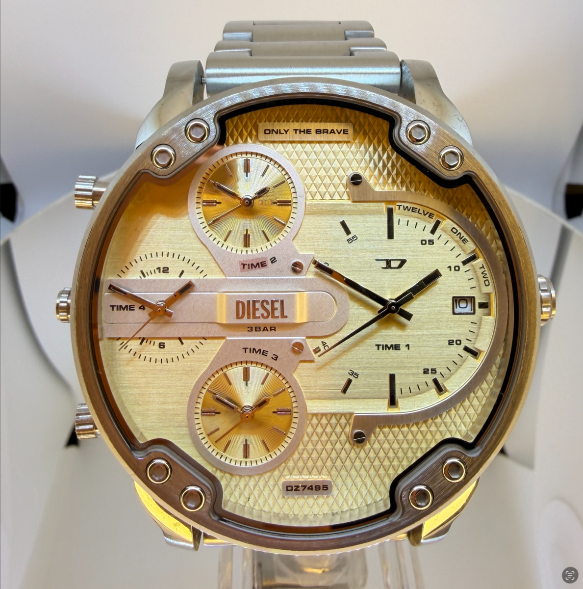 Diesel DZ7495 Mens Oversized Watch Gold Dial Multi Time Zone