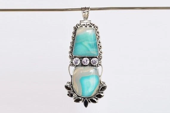 Gemma ENORME pedante argento sterling 925 onice nera agata blu gioielli... - Immagine 2 di 4