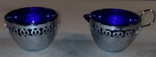 Made In England Cream and Sugar Set Silver Tone Metal Cobalt Blue Glass Inserts