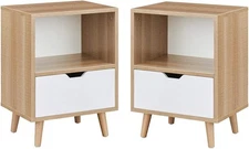 Nightstand Set of 2, Modern Wood with 1 Drawer & Shelf Each, Solid Wood Legs