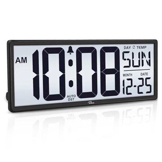 Backlight Digital Wall Clock Battery Operated - with Temperature and Black