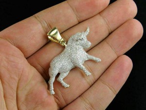 Authentic Micro set Bull Charm Pendant Round Cut Simulate Diamond 14K Yellow Gold plated