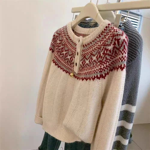 Wool Patterned Half Button Cardigan/Jumper Crew Neck Jumper Women Sweater Tops - Picture 2 of 7