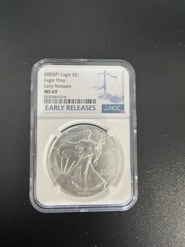 2025 (P) $1 American Silver Eagle First Eagle Privy NGC MS69 ER Blue Label NEW !