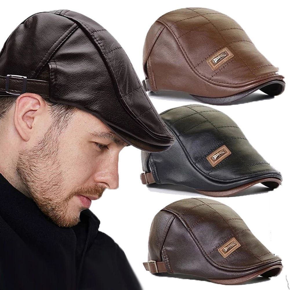 Vintage Men Beret Hat Leather Flat Cap Male Adjustable Gatsby