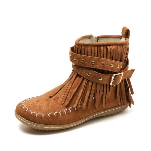 Retro Fransen-Mokassins seitlicher Reißverschluss Quaste Stiefeletten Damen bequem Schnalle flach - Bild 27 von 27