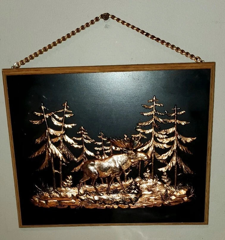  Wooden 11"x8" Wall Plaque Copper Moose Trees Scenery 3D Wall Art - Image 3 of 4