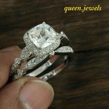 Lab-Created 2.70CT Cushion Cut Diamond Halo Wedding Ring Set 14K White Gold Over