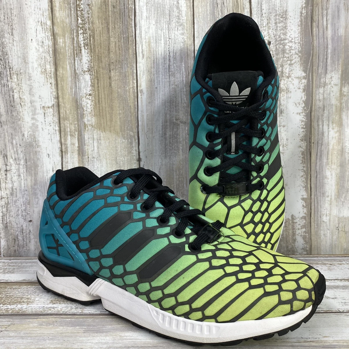 Adidas ZX Flux Kids Unisex Size 5 Vibrant Blue Green Snake Like Design