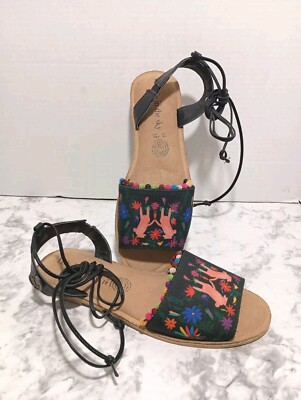 Loly in the Sky 9.5 Sandal Bunny Print Tie Up Strap Shoes Artsy Handmade Mexico 