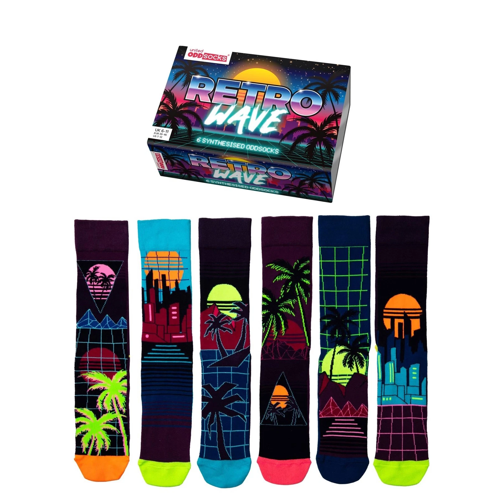 United Oddsocks Retro Wave Box Of 6 Unique Colourful Cotton Socks Mens UK 6-11