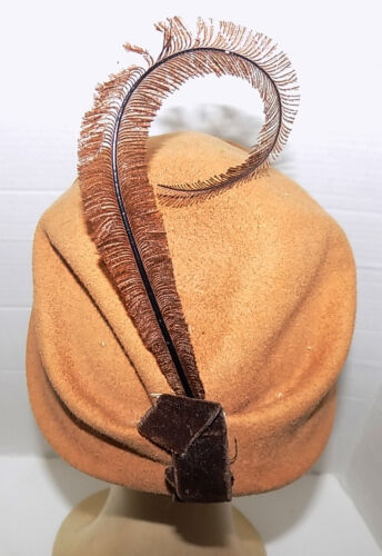 Vintage Camel Wool Hat 50s Era Curled Feather Embe