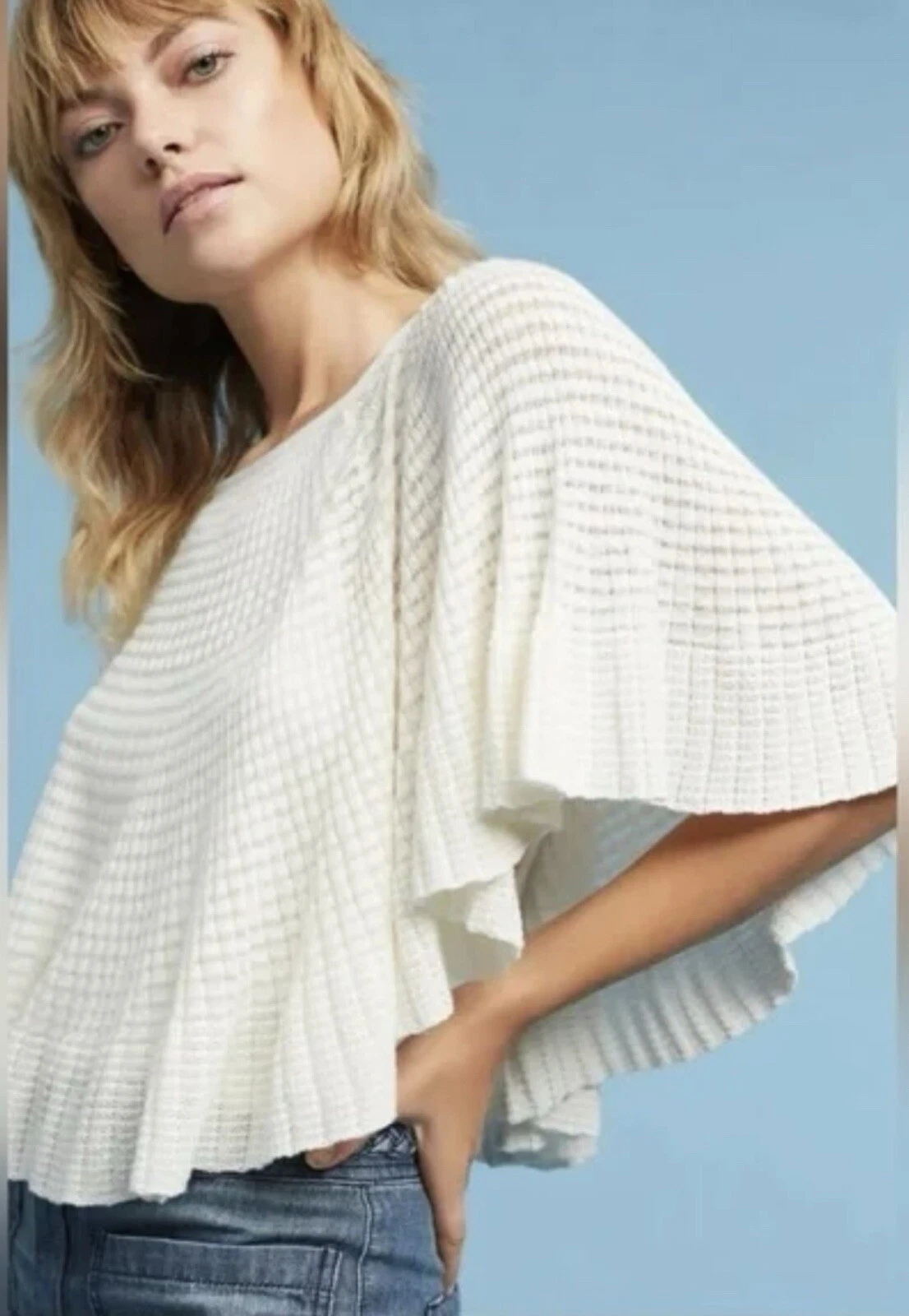 ANTHROPOLOGIE Knitted & Knotted Miah Pointelle Stitched Ivory Poncho Women’s M
