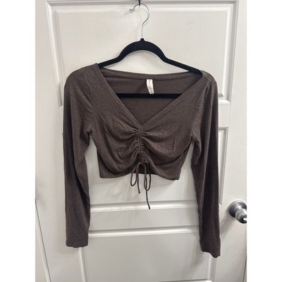 Daily Practice by Anthropologie Brown Ruched Front Long Sleeve Crop Top Small
