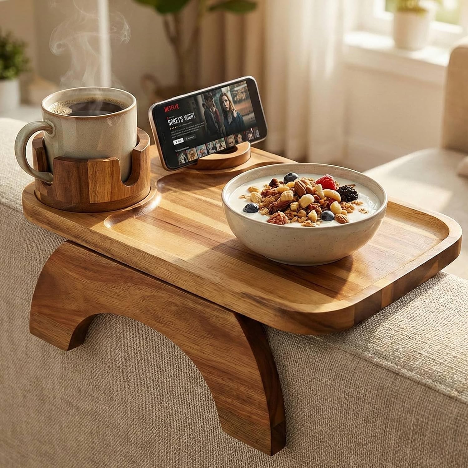 Couch Armrest Table, Acacia Wood Sofa Arm Tray with 360° Rotating Phone & Cup
