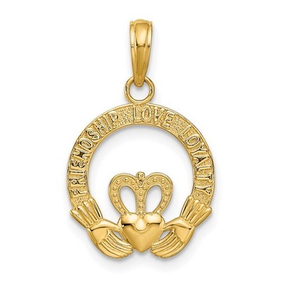14k Yellow Gold Flat-Backed FRIENDSHIP LOVE LOYALTY Claddagh Pendant