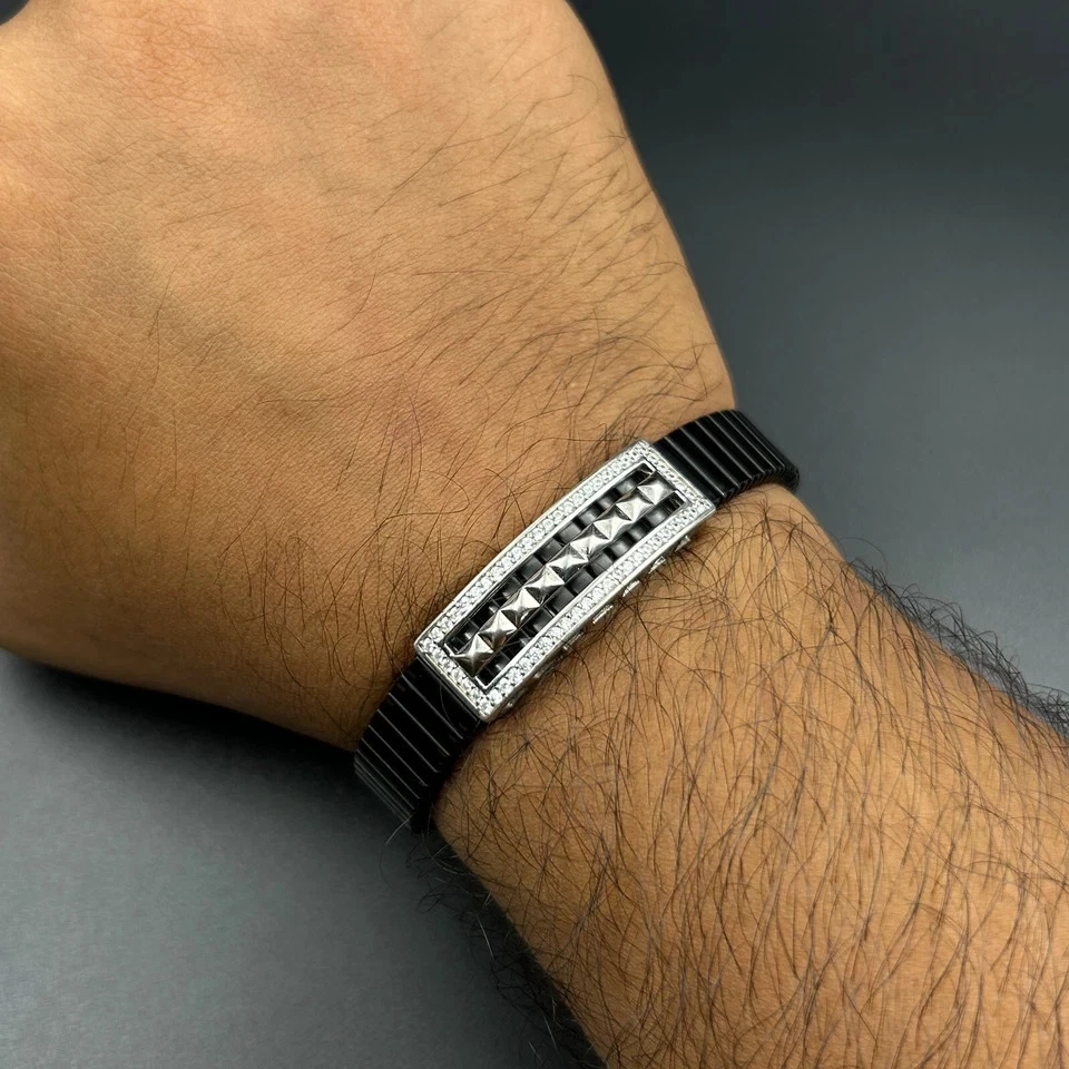 5CT Round Lab Created Diamond Men's Adjustable Bracelet 14K White Gold Finish - Image 2 of 4