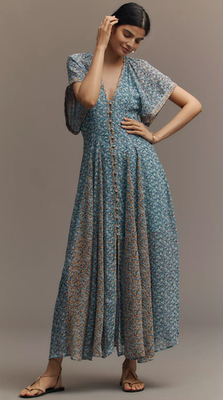 NEW MAEVE ANTHROPOLOGIE BLUE FLORAL PLEATED SMOCKED MAXI DRESS SZ 6 | eBay