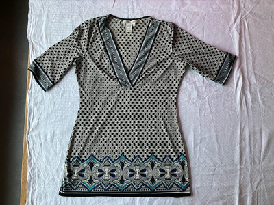 Max Studio M Tunic Dress Size L Blue Geometric Print Stretch Vintage 00s Y2K
