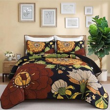 Djy Floral Quilt Set California King Size Black Boho Bedspread Coverlet Set 3