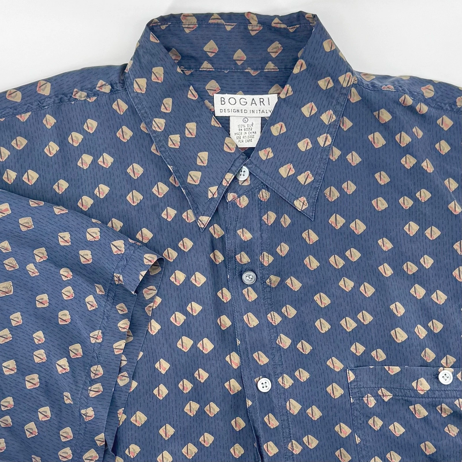 Bogari Vintage Mens L Silk Button Down Shirt Short Sleeve Blue Geometric Diamond