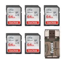 SanDisk 64GB 140 MBs SDXC Memory Card 5 pack All In One Card Reader FAST