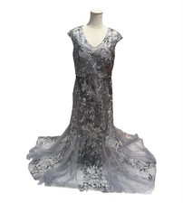 Alex Evenings Petite Sequin Floral Fit Flare Gown in Silver