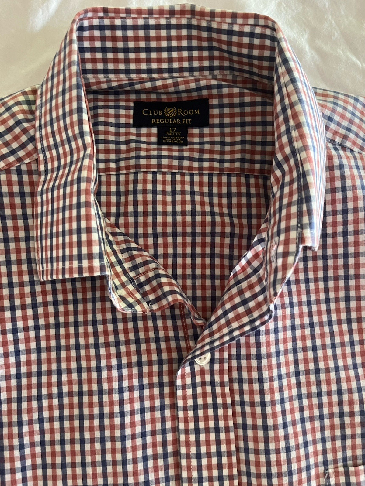 Club Room Regular Fit Size 17 Red Plaid Shirt 34/35 Long Sleeve Cotton Shirt