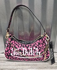 Von Dutch Pink Black Leopard Print Shoulder Bag with Chain, Charm, Gold Hardware