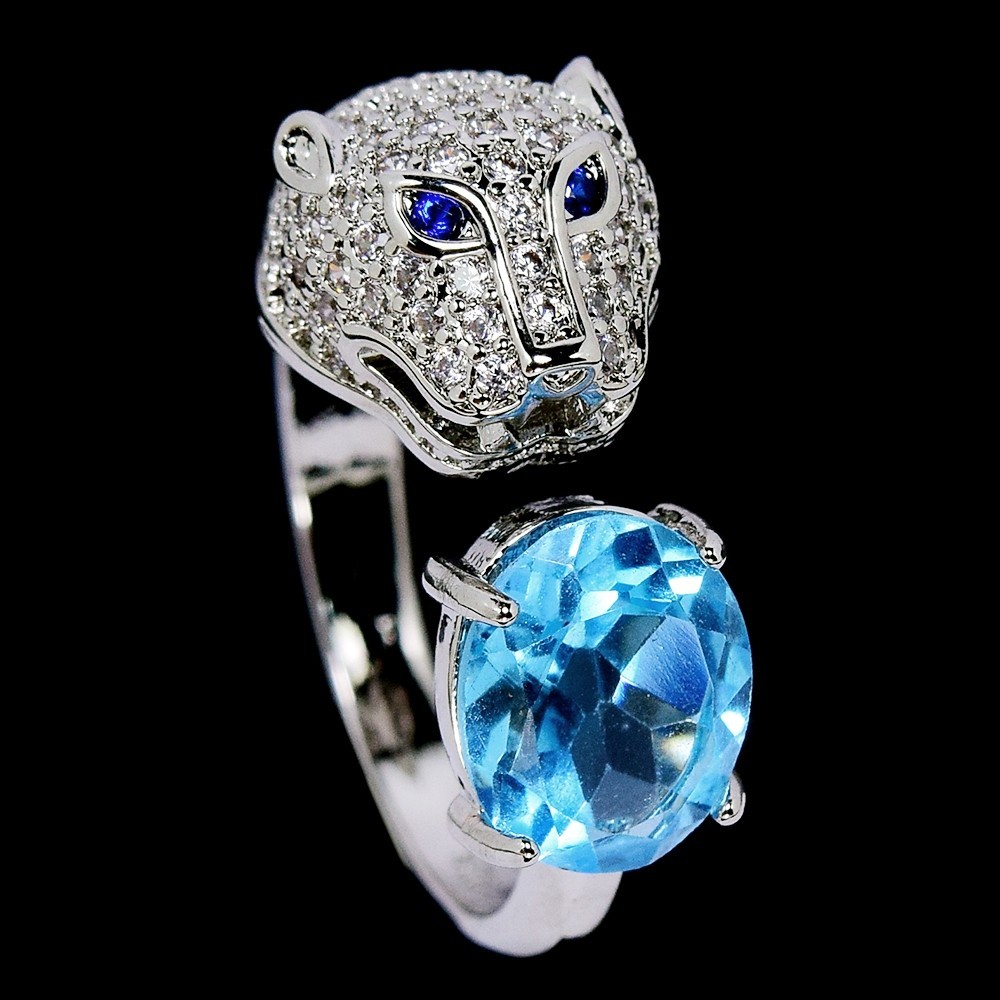 Genuine Aaa Swiss Blue Topaz & White Cz Sterling 925 Silver Tiger Ring 7.25-8